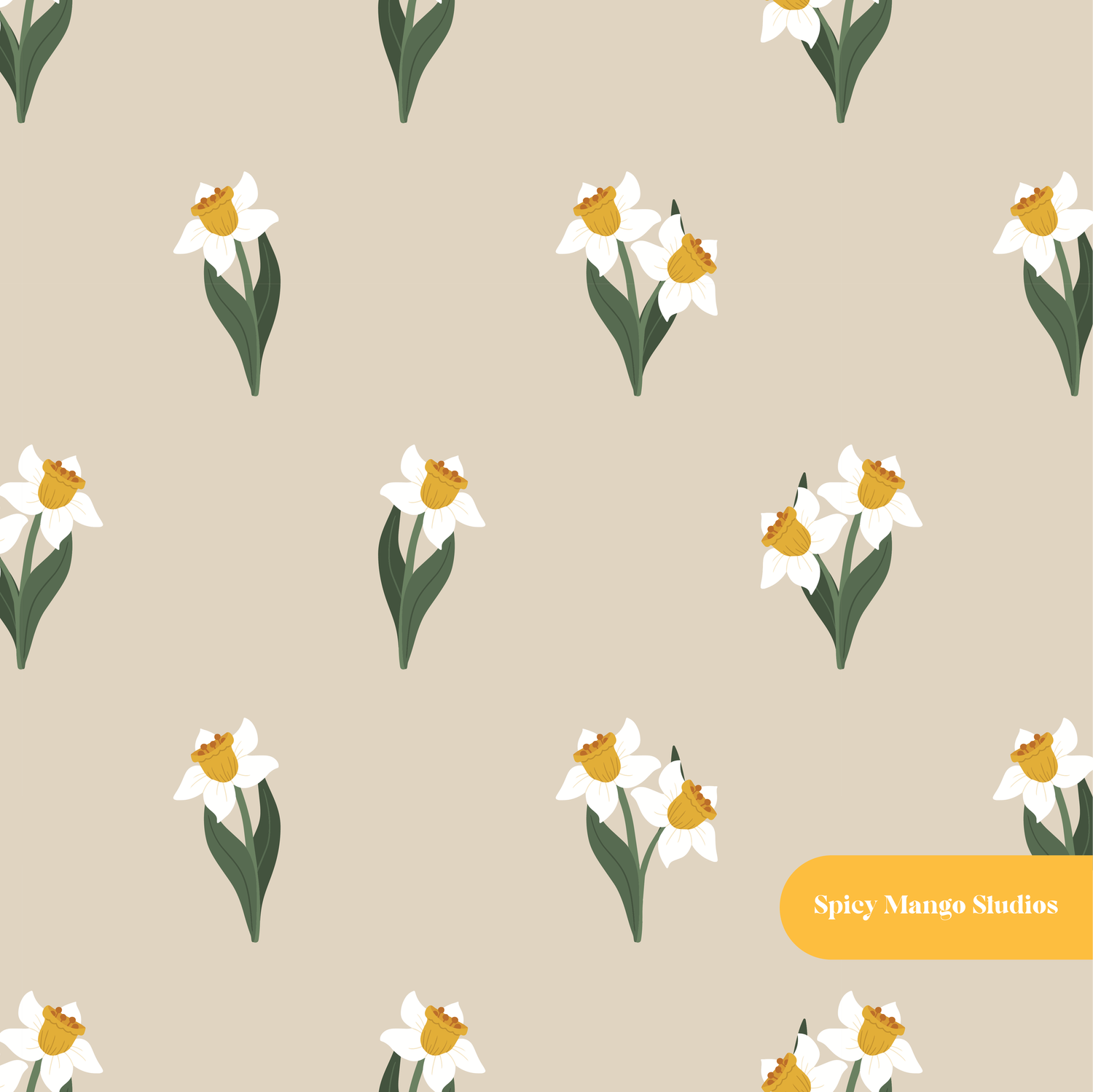 Beige Daffodil Floral Seamless Pattern