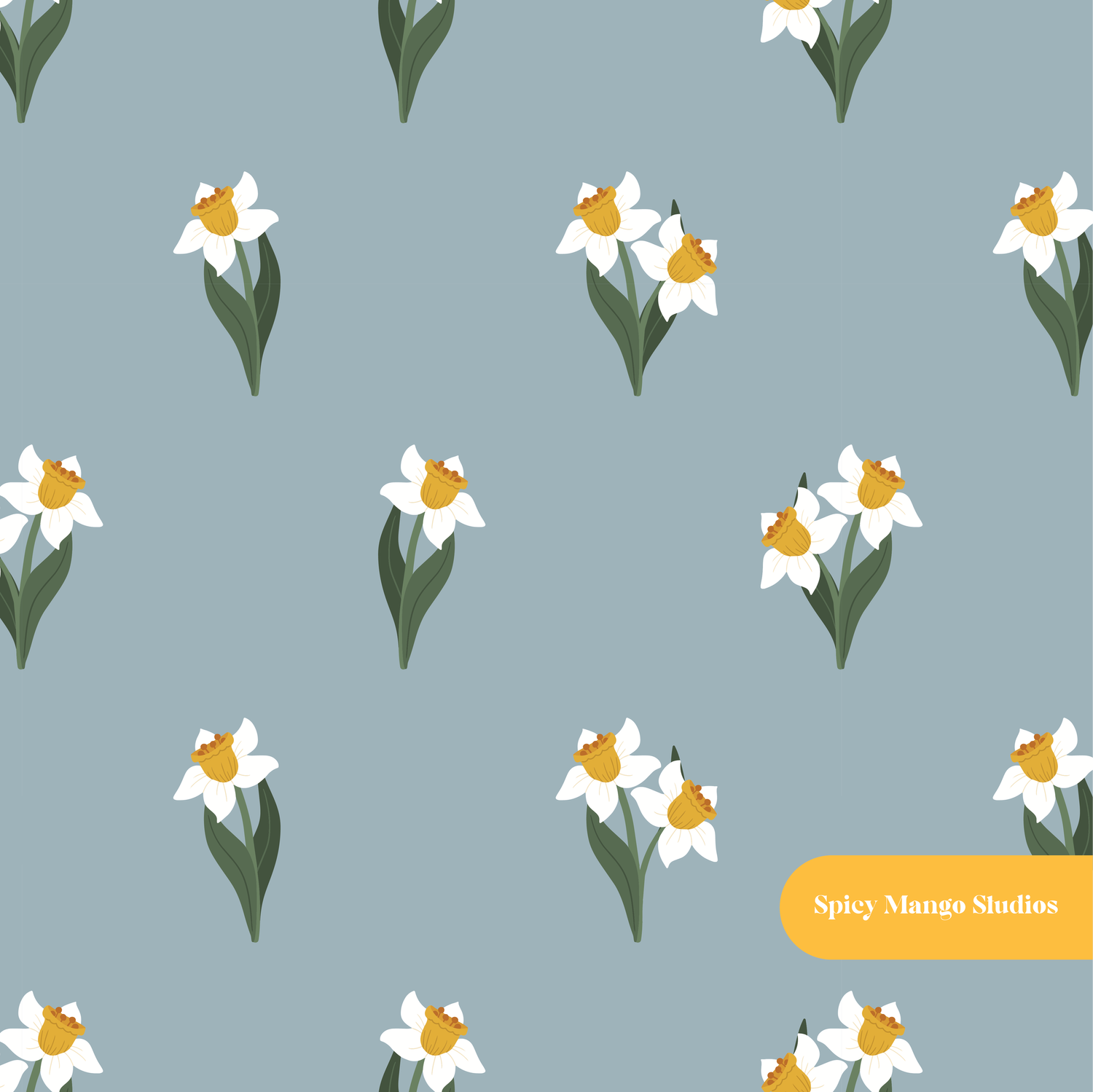 Dusty Blue Daffodil Floral Seamless Pattern