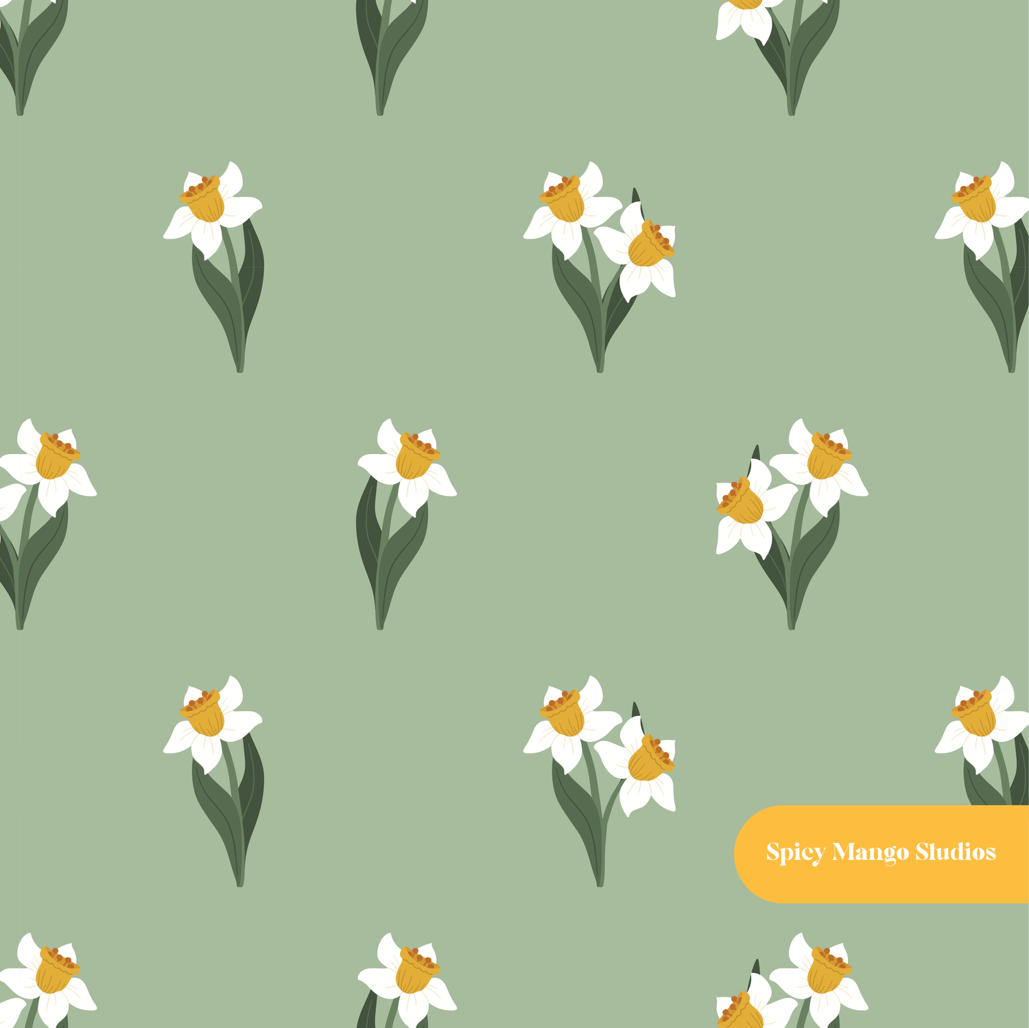 Green Daffodil Floral Seamless Pattern