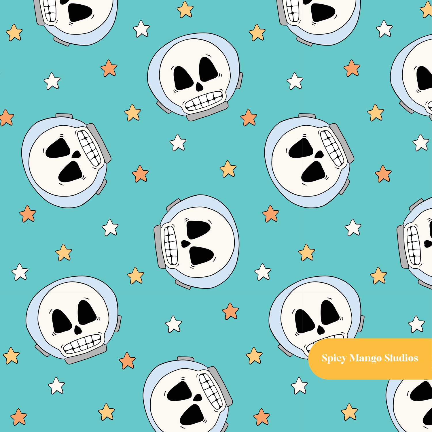 Aqua Astro Skulls Seamless Pattern