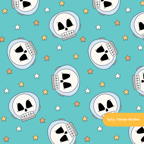 Aqua Astro Skulls Seamless Pattern