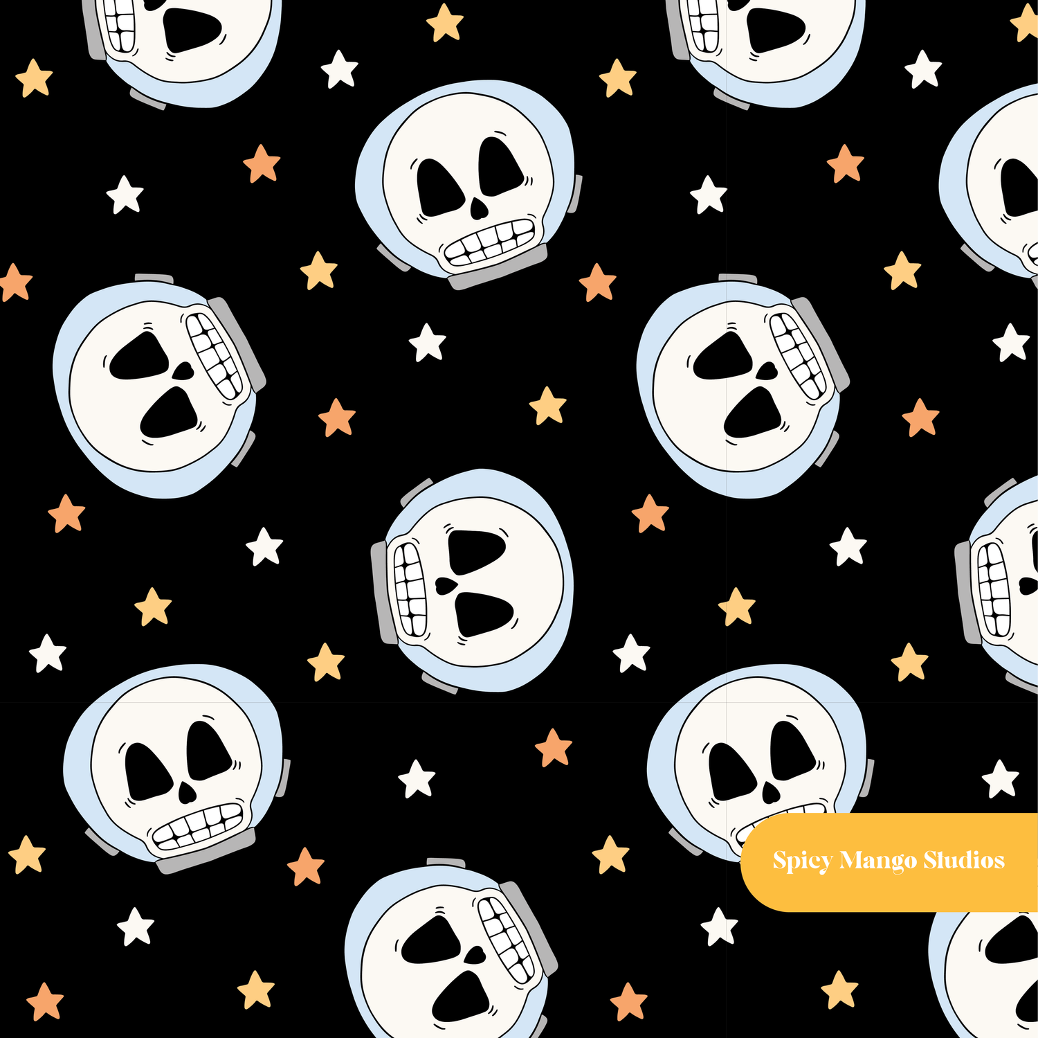 Black Astro Skulls Seamless Pattern