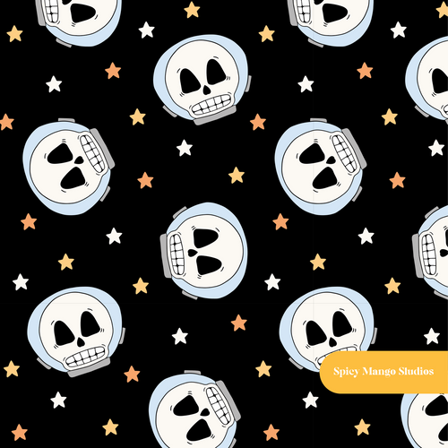 Black Astro Skulls Seamless Pattern