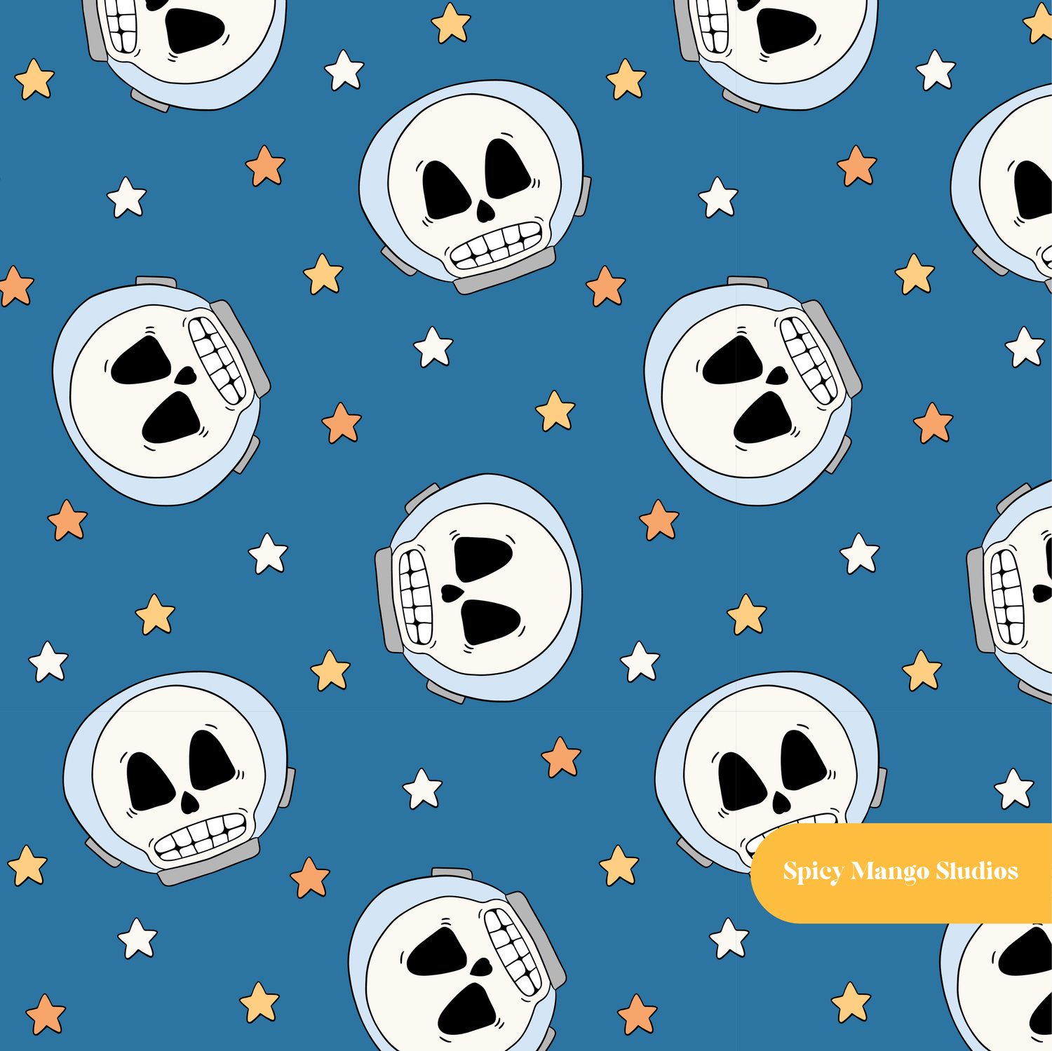 Blue Astro Skulls Seamless Pattern