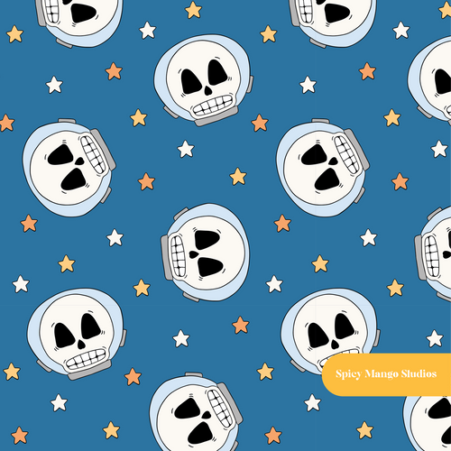 Blue Astro Skulls Seamless Pattern