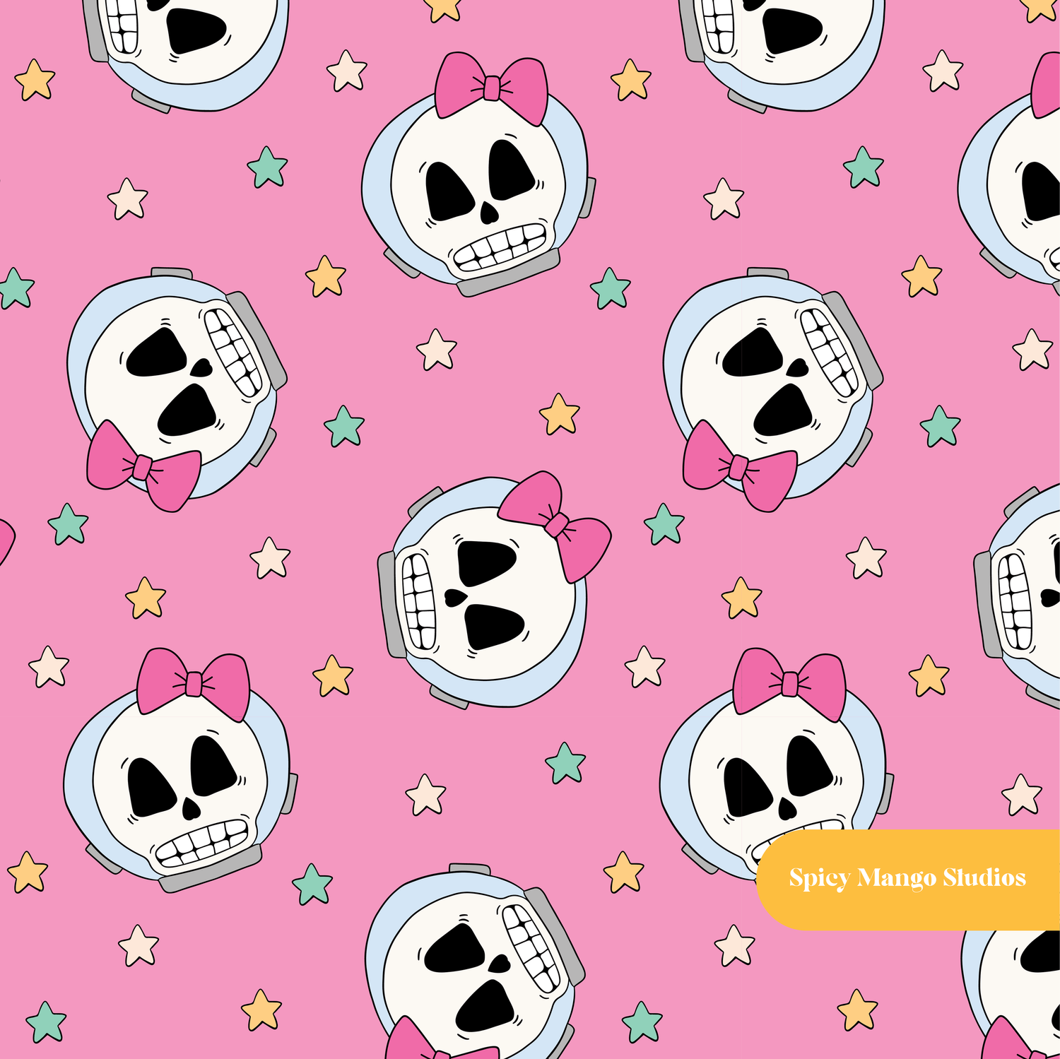 Pink Astro Skulls Seamless Pattern