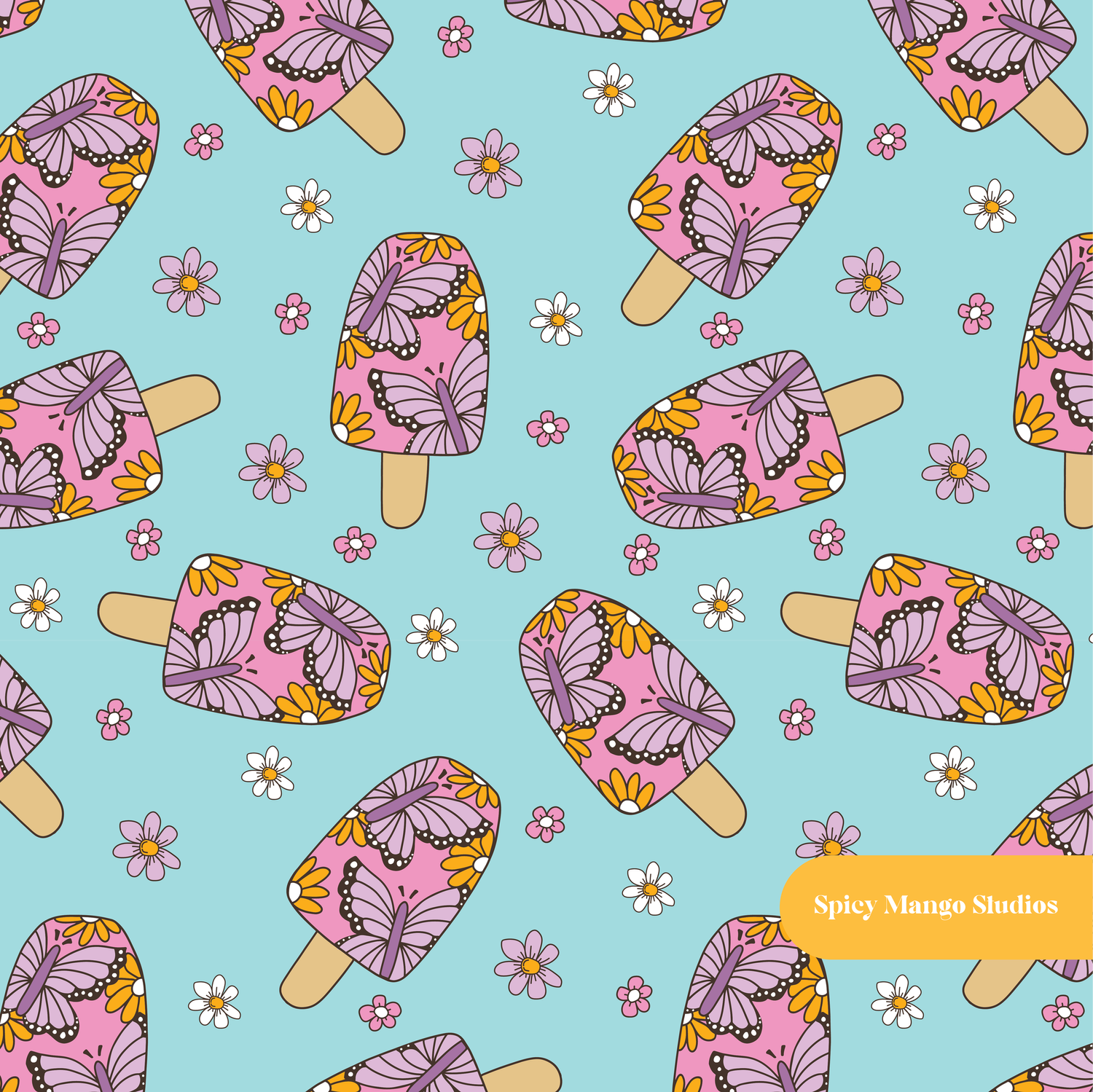 Aqua Butterfly Popsicle Seamless Pattern