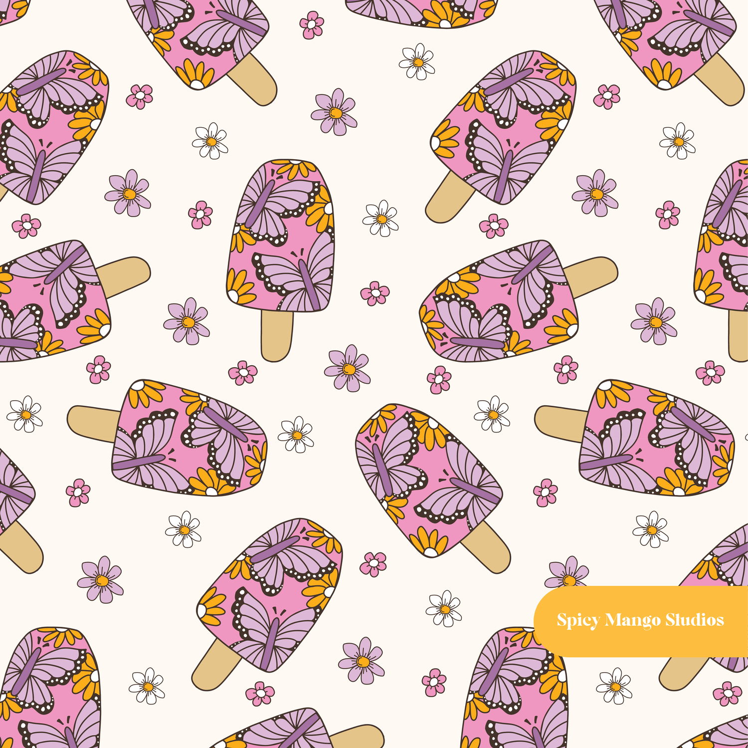 Cream Butterfly Popsicle Seamless Pattern