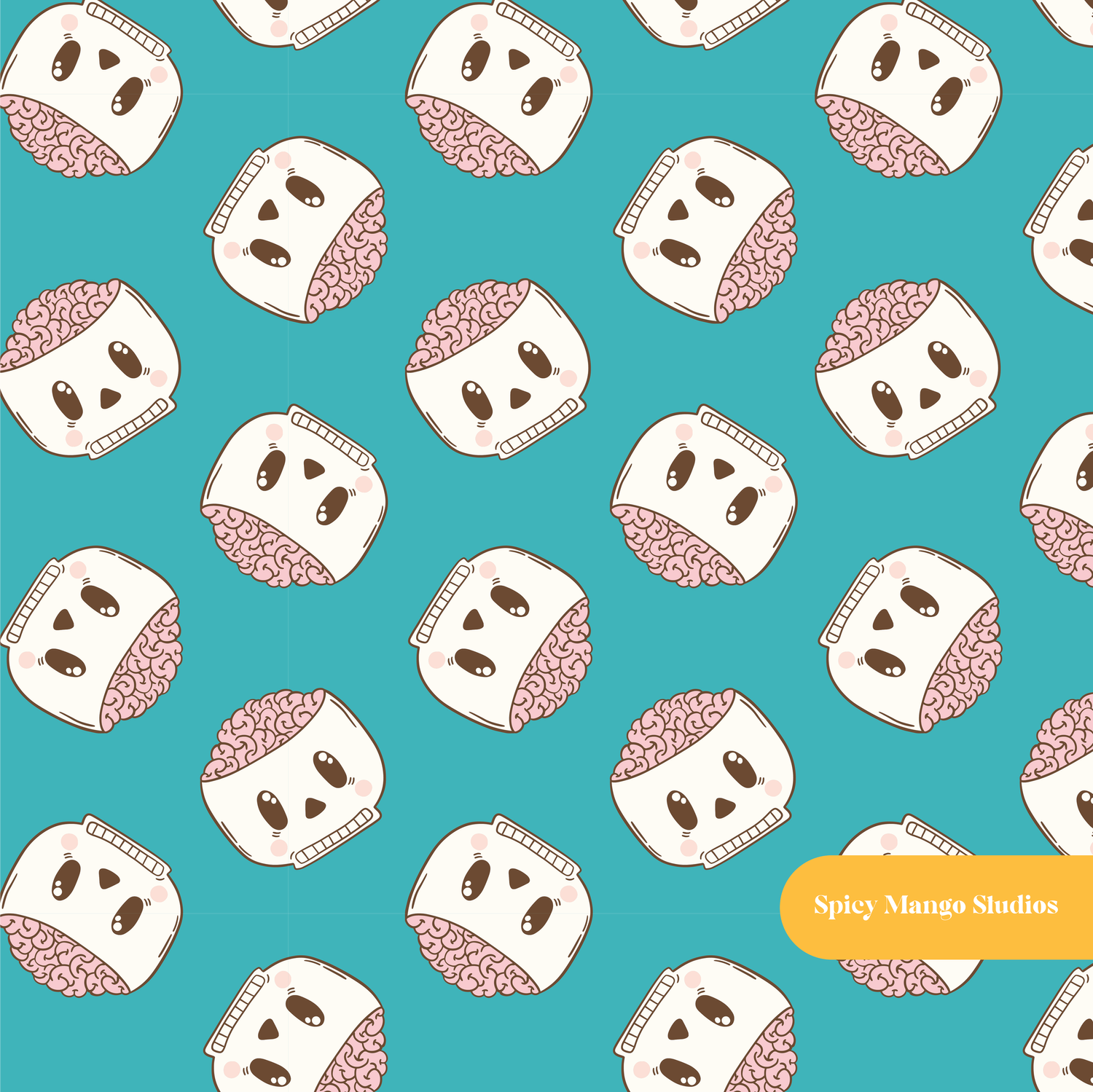 Teal Brainy Halloween Seamless Pattern
