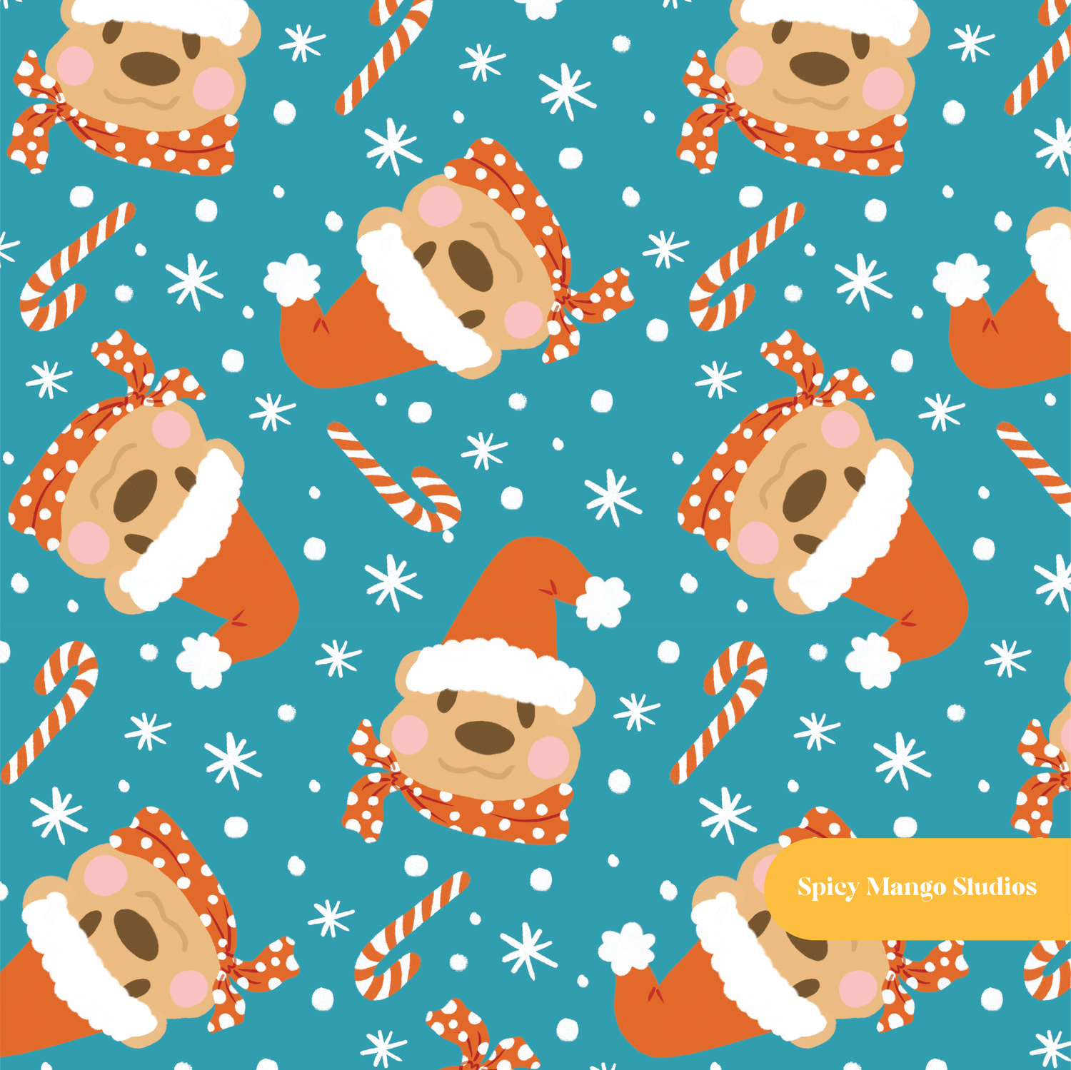 Teal Beary Christmas Seamless Pattern