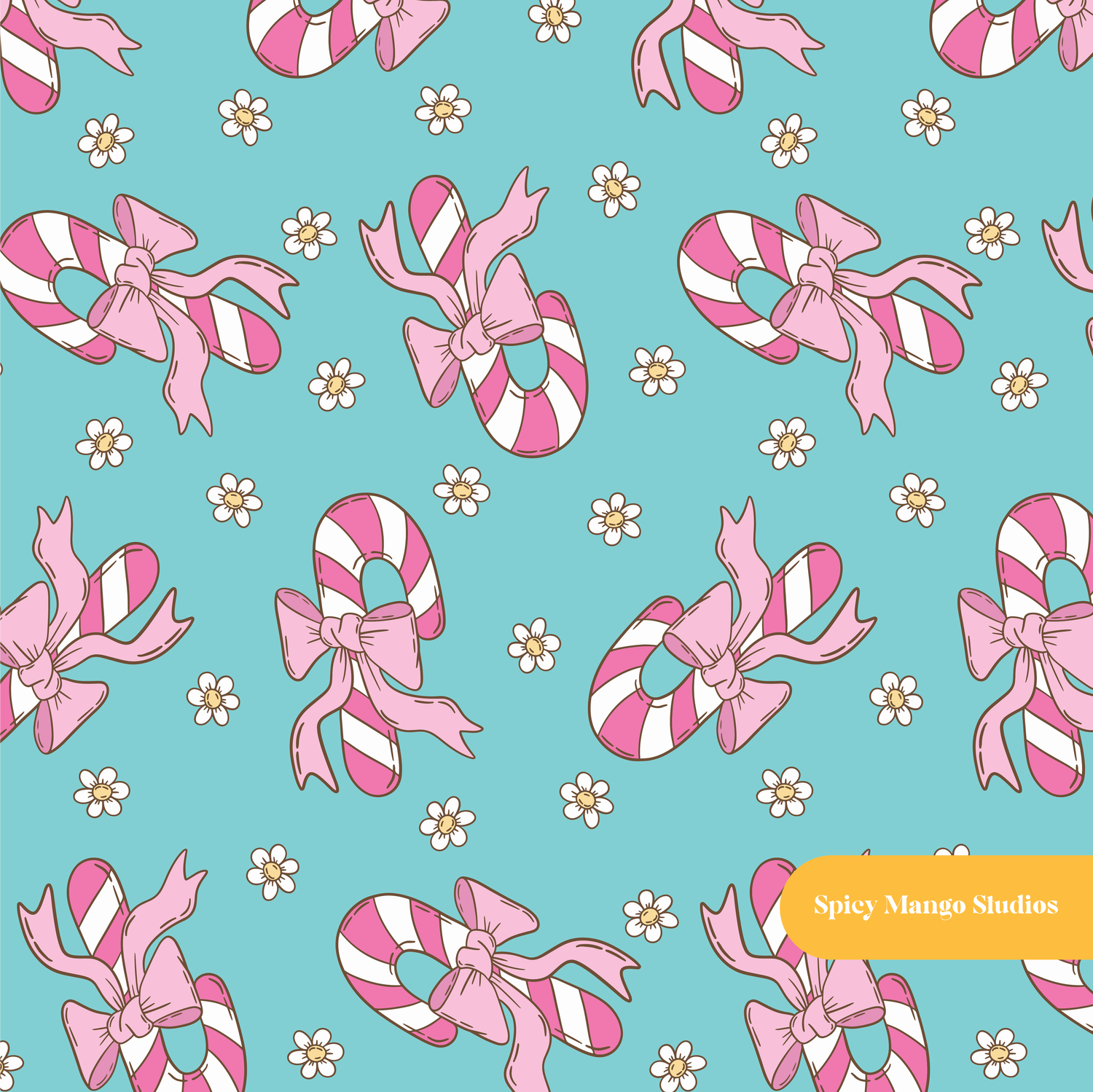 Aqua Candy Cane Bow Seamless Pattern