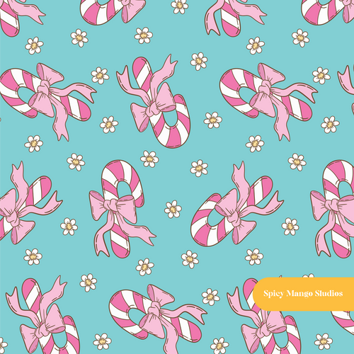 Aqua Candy Cane Bow Seamless Pattern