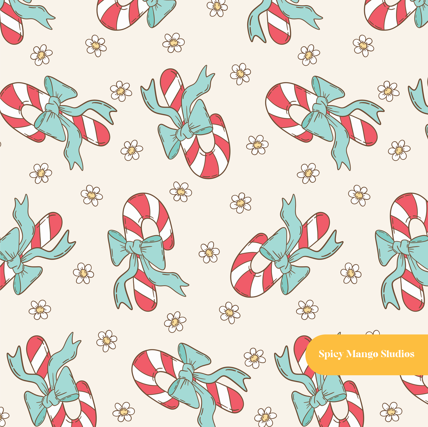Neutral Candy Cane Bow Seamless Pattern