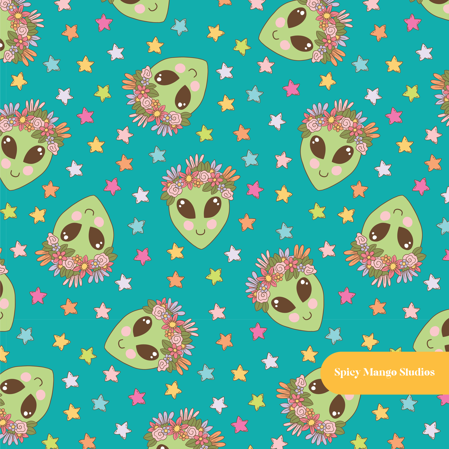 Teal Celestial Alien Seamless Pattern – Digital Download