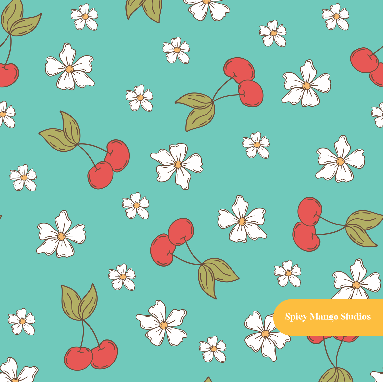 Aqua Cherry Dreams Seamless Pattern