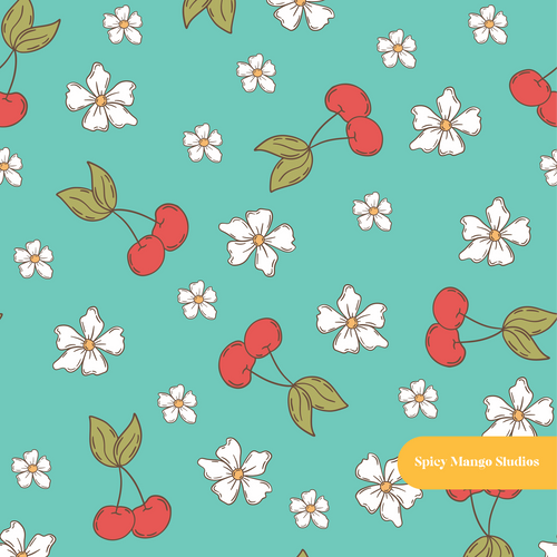 Aqua Cherry Dreams Seamless Pattern