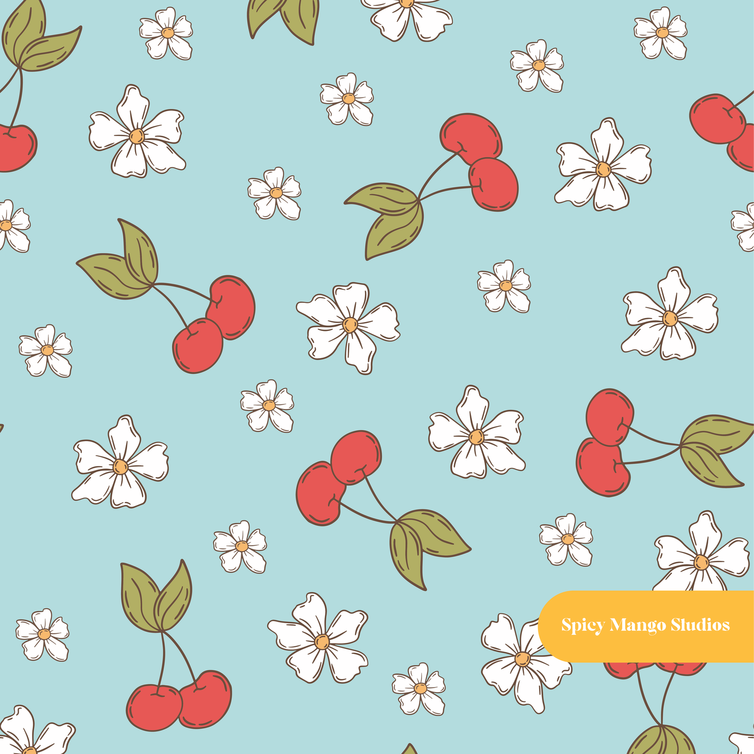 Dusty Blue Cherry Dreams Seamless Pattern