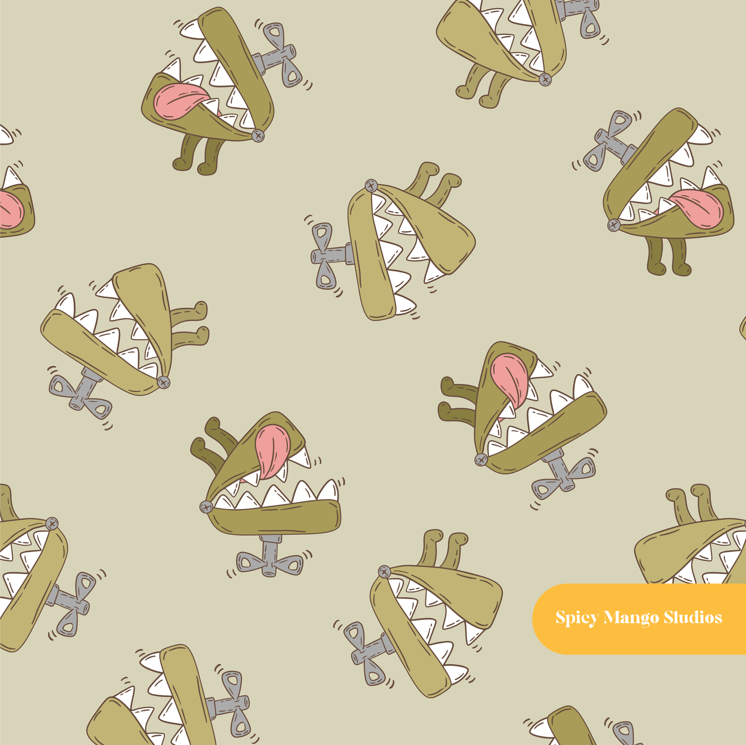 Monster Green Chomper Halloween Seamless Pattern