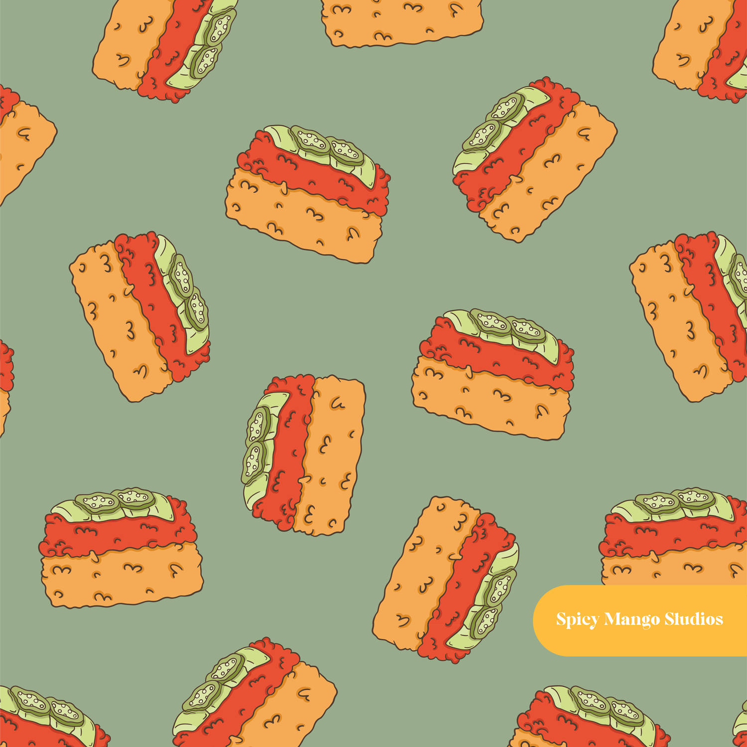 Olive Crispy Rice Seamless Pattern – Sushi Party & Foodie Theme Digital Download