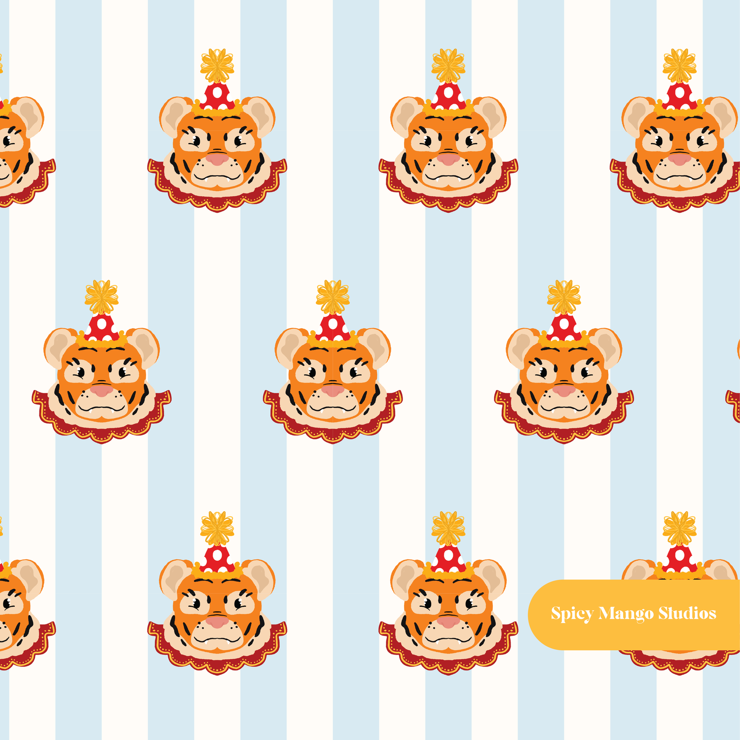 Blue Striped Circus Tiger Seamless Pattern