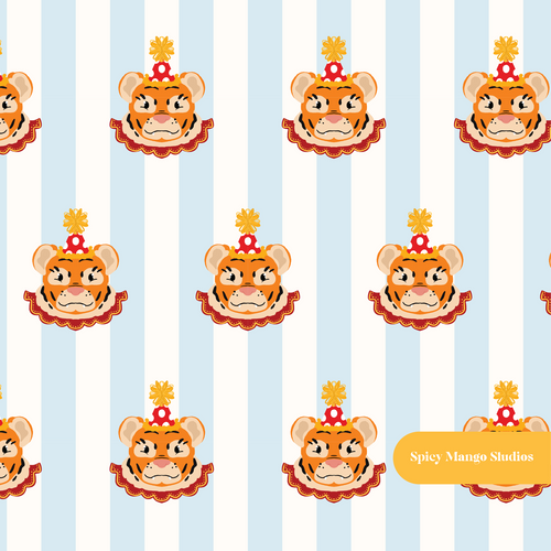 Blue Striped Circus Tiger Seamless Pattern