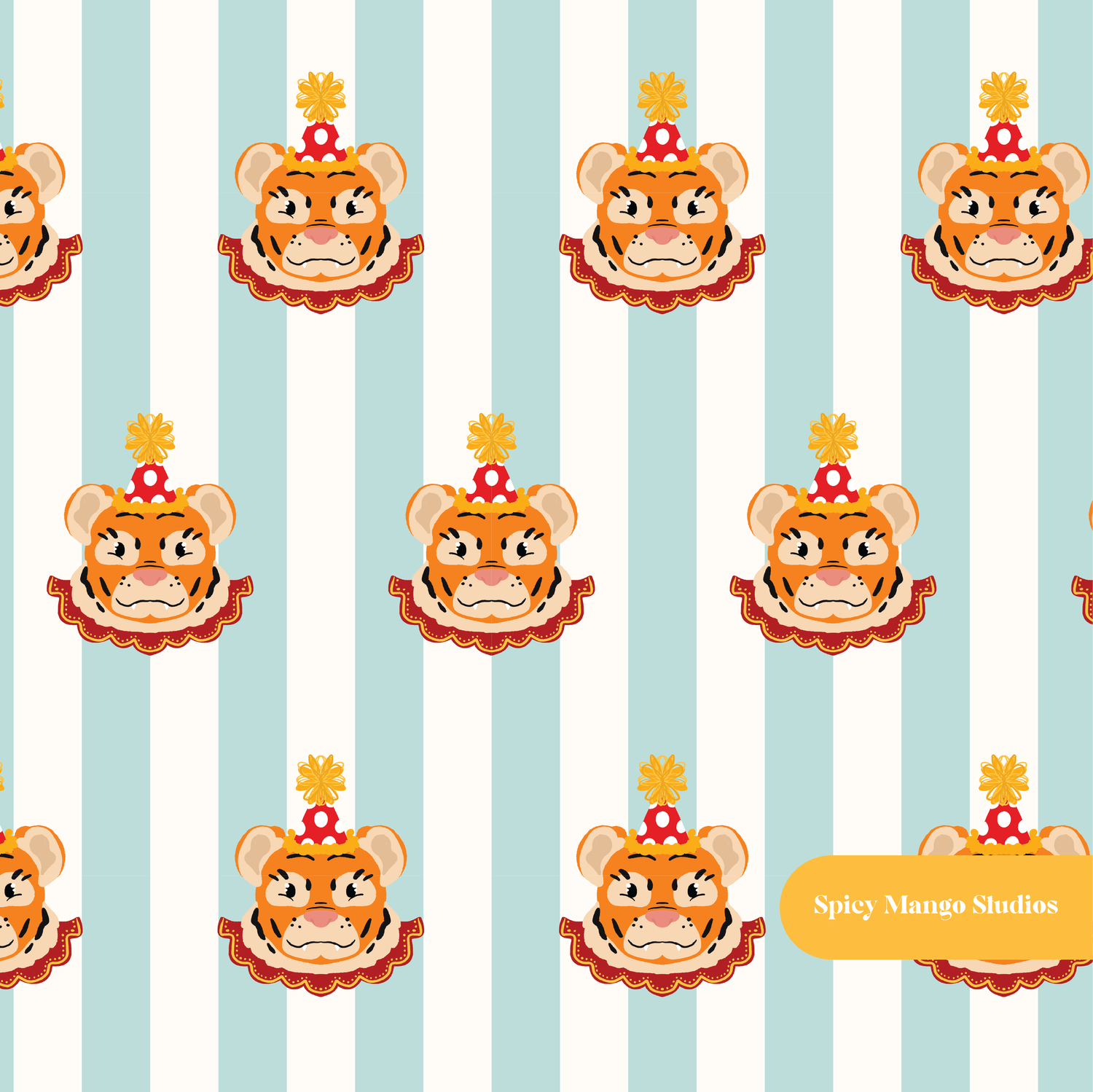 Sage Striped Circus Tiger Seamless Pattern