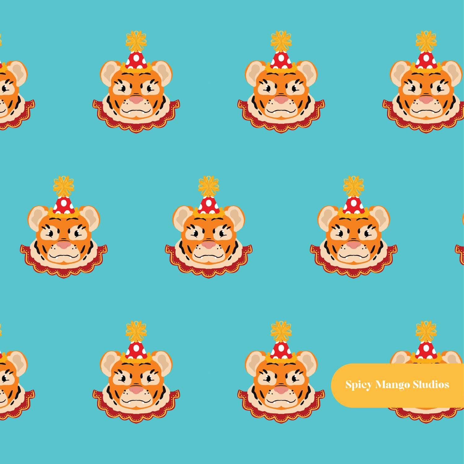 Aqua Circus Tiger Seamless Pattern