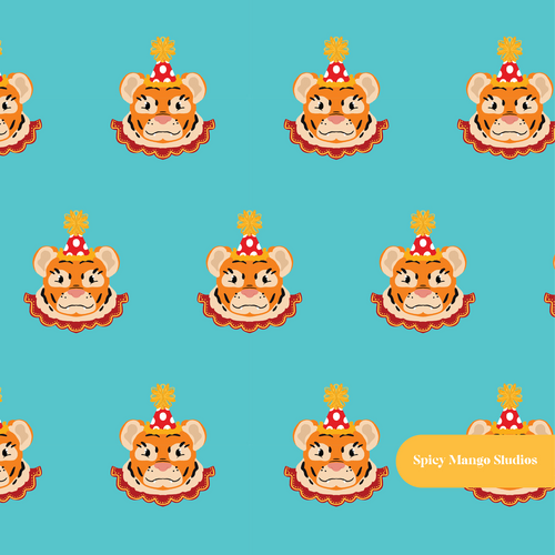 Aqua Circus Tiger Seamless Pattern