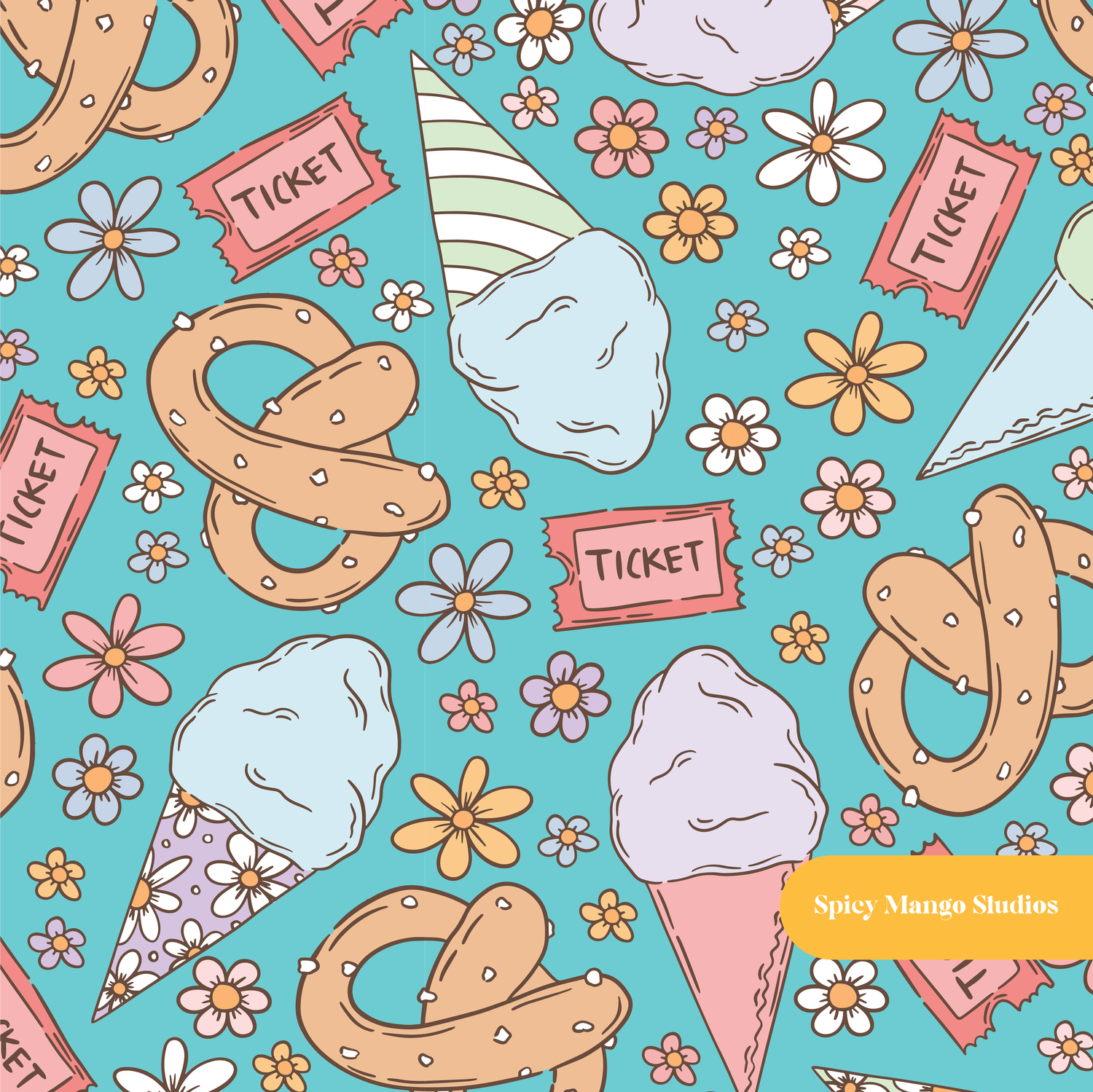 Aqua Carnival Treats Seamless Pattern – Carnival Birthday Party Digital Download