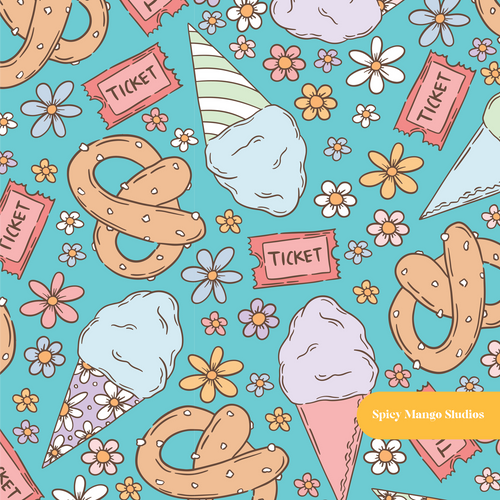 Aqua Carnival Treats Seamless Pattern – Carnival Birthday Party Digital Download
