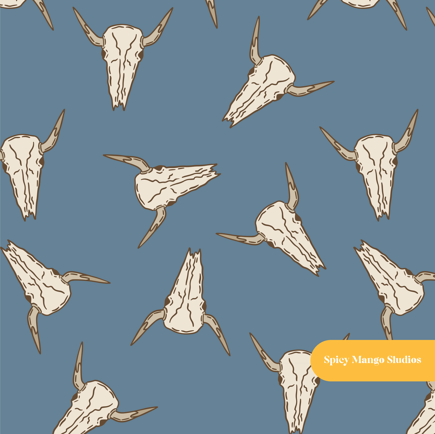 Blue Cattle Skulls Seamless Pattern