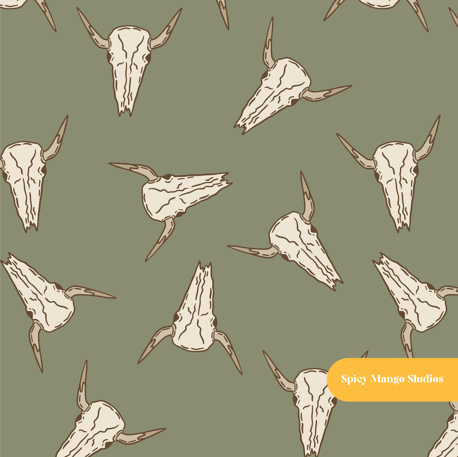 Olive Cattle Skulls Seamless Pattern