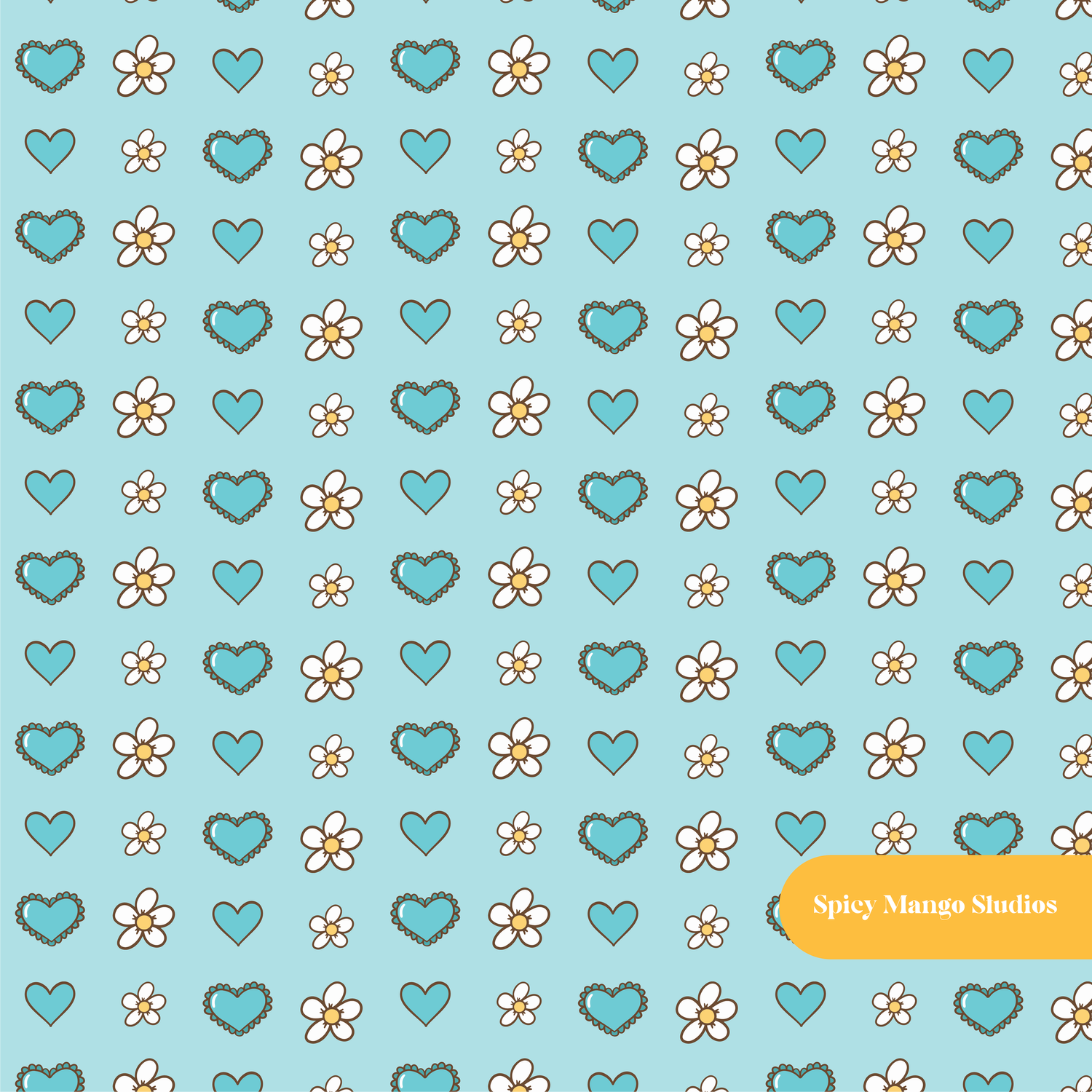 Aqua Daisy Hearts Seamless Pattern