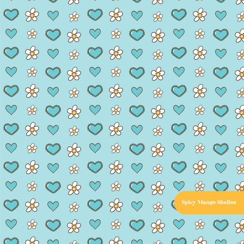 Aqua Daisy Hearts Seamless Pattern
