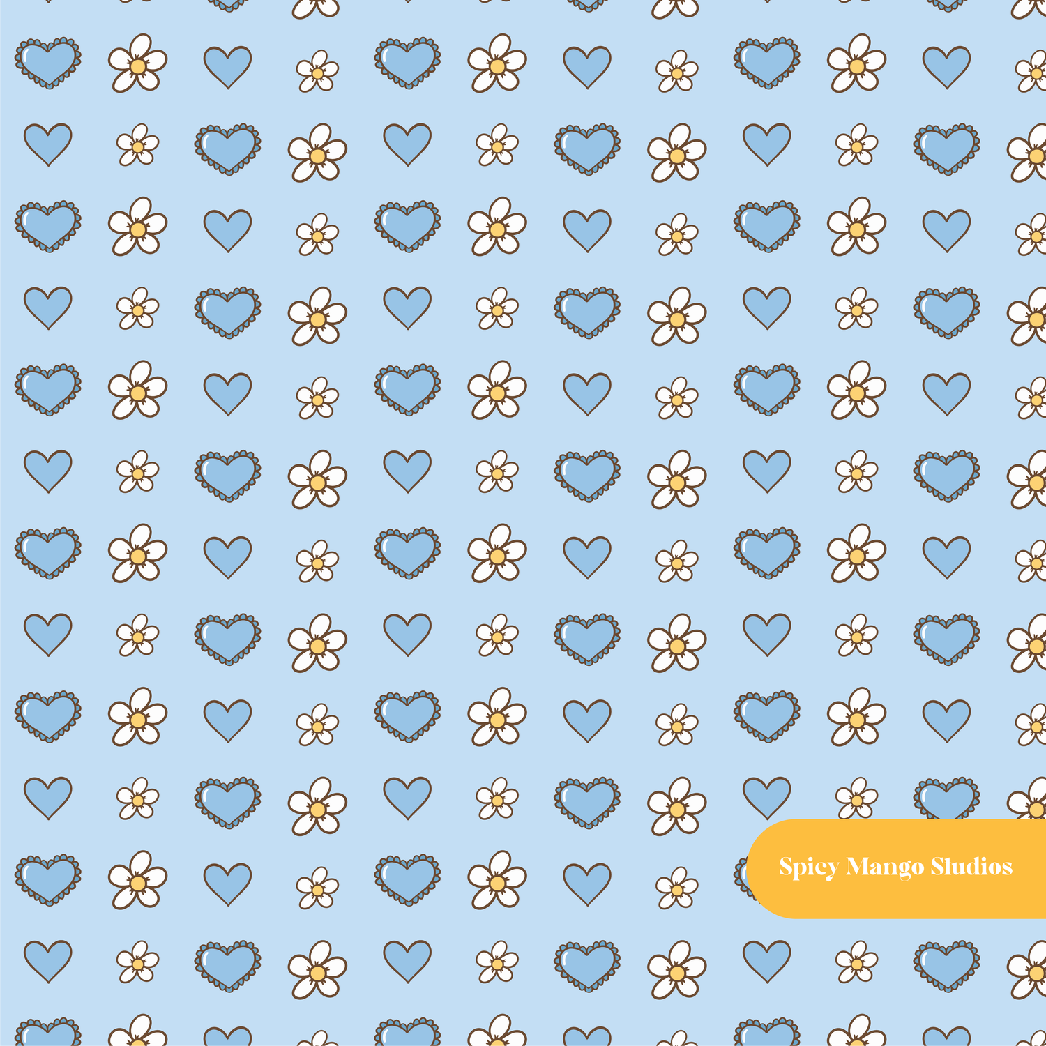 Blue Daisy Hearts Seamless Pattern