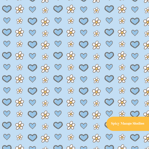 Blue Daisy Hearts Seamless Pattern