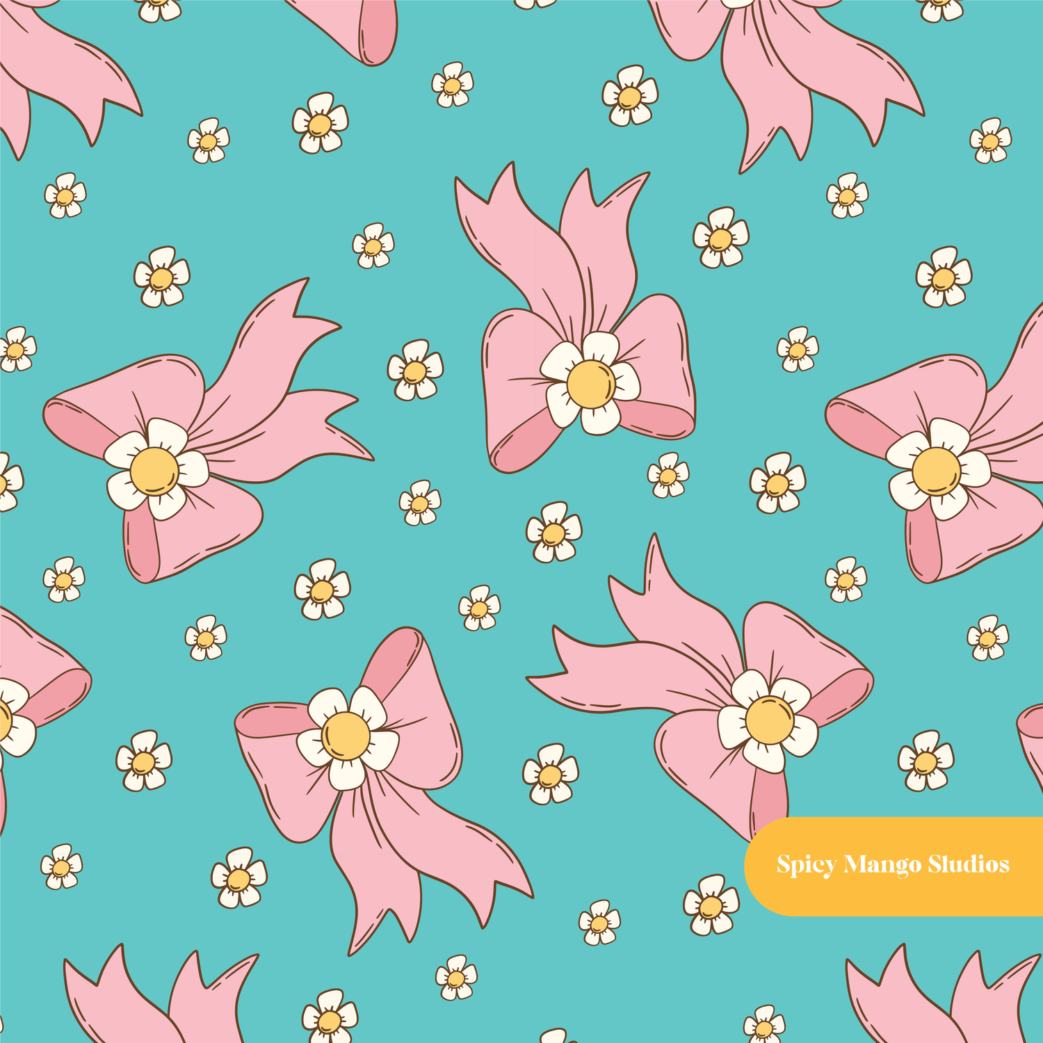 Teal Daisy Bow Seamless Pattern