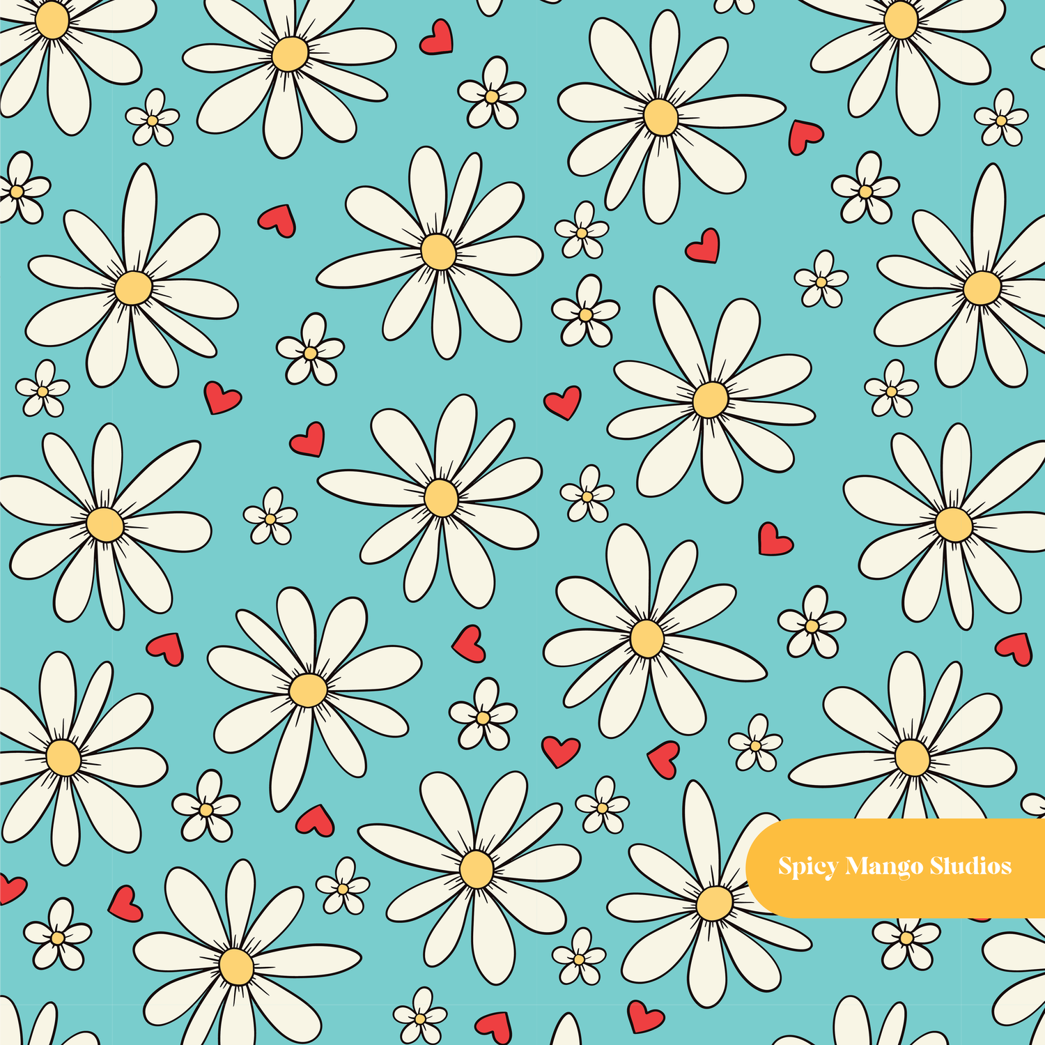 Teal Daisy Heart Seamless Pattern