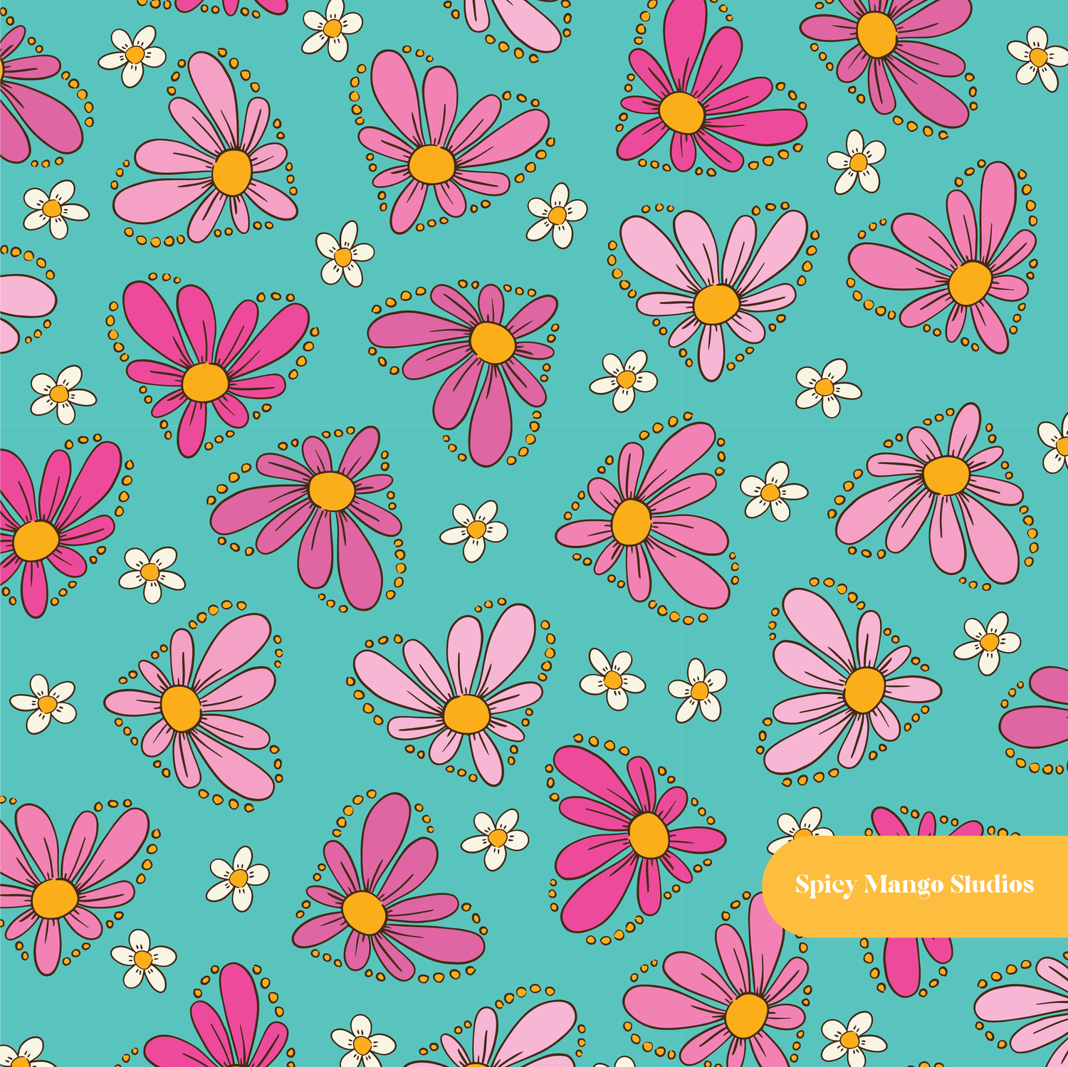 Teal Daisy Love Seamless Pattern