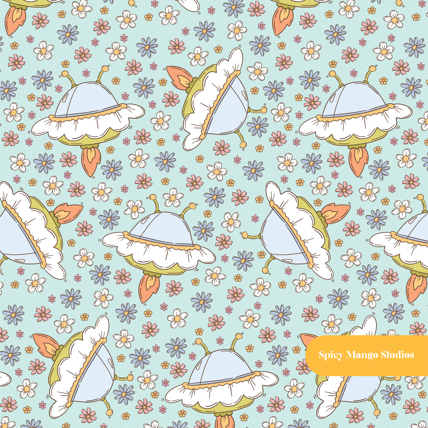 Light Aqua Daisy Saucer Seamless Pattern
