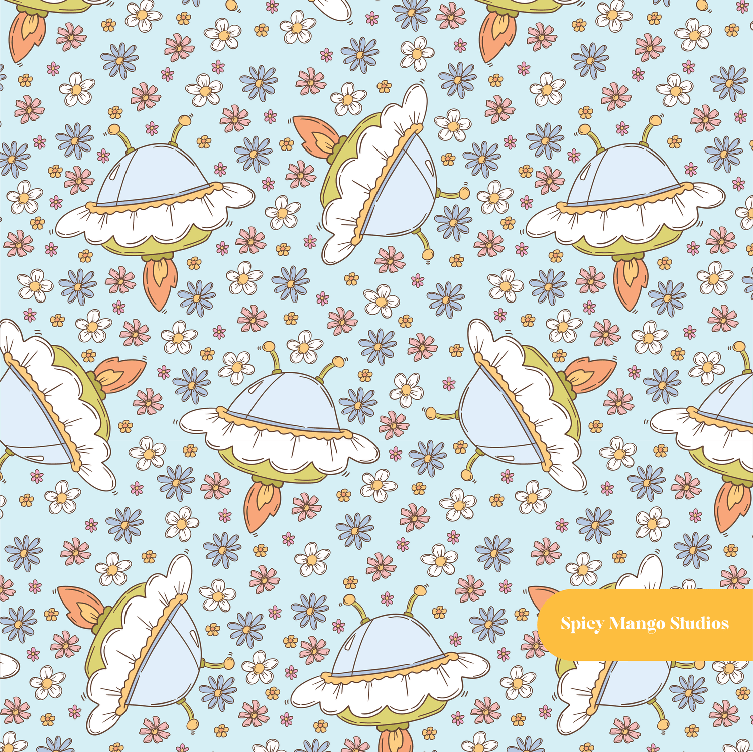 Light Blue Daisy Saucer Seamless Pattern