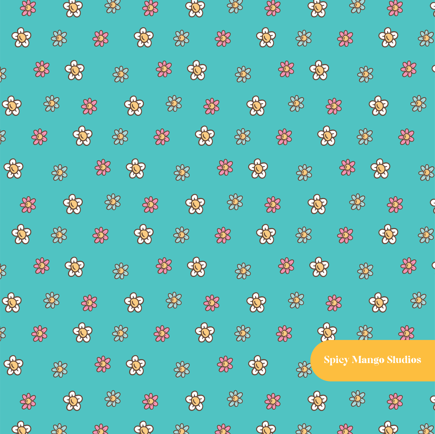 Aqua Ditsy Daisies Seamless Pattern – Digital Download