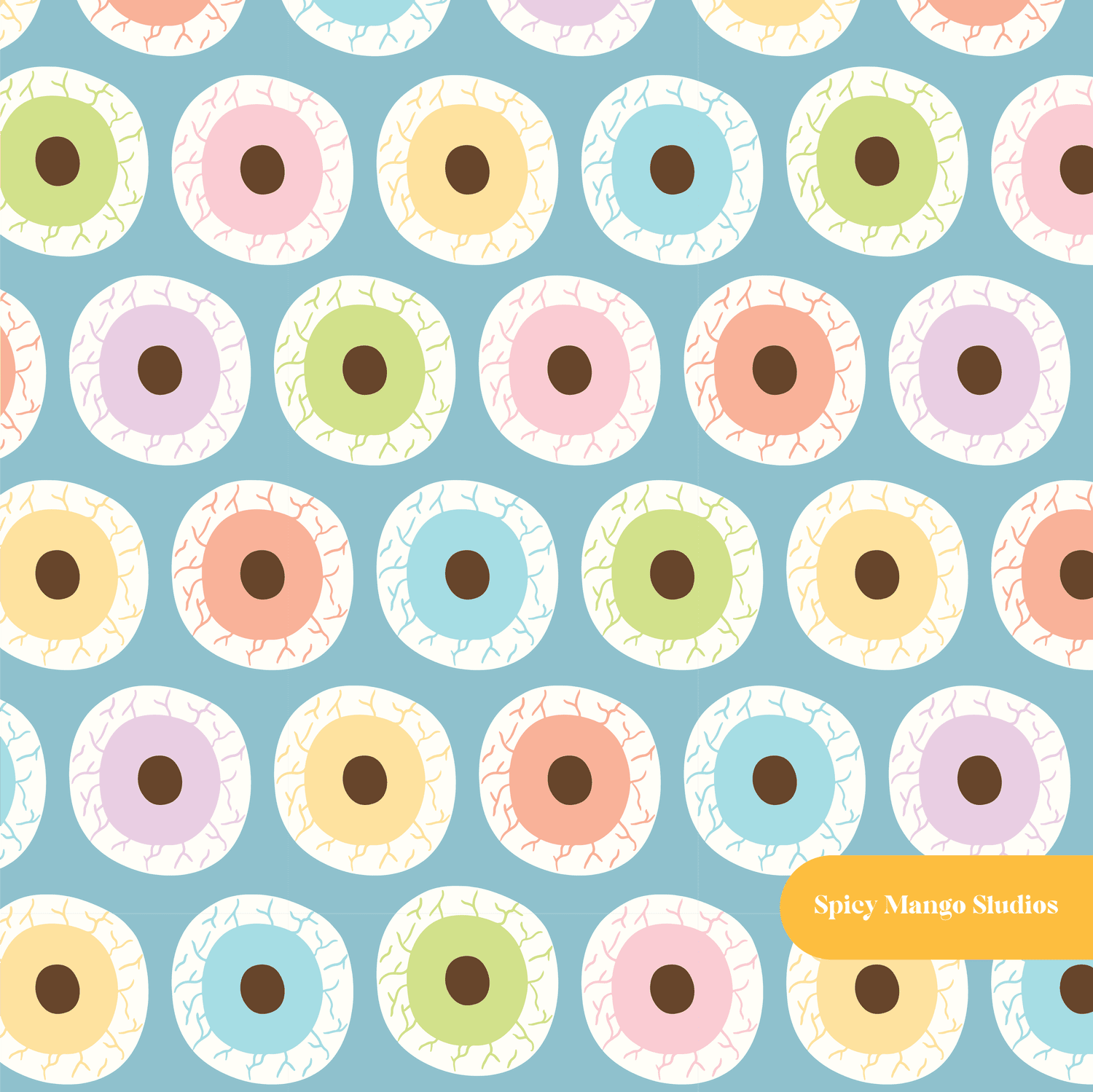 Dusty Blue Eye Spy Halloween Seamless Pattern