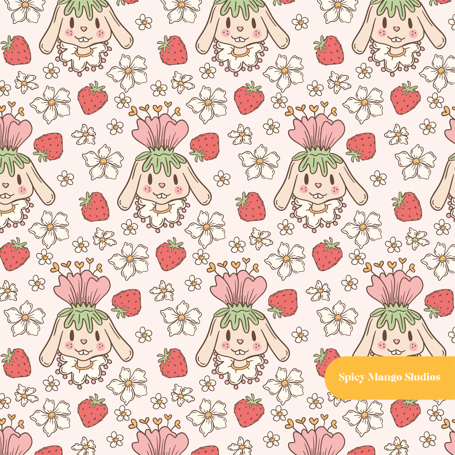 Pink Strawberry Fairy Bunny Seamless Pattern