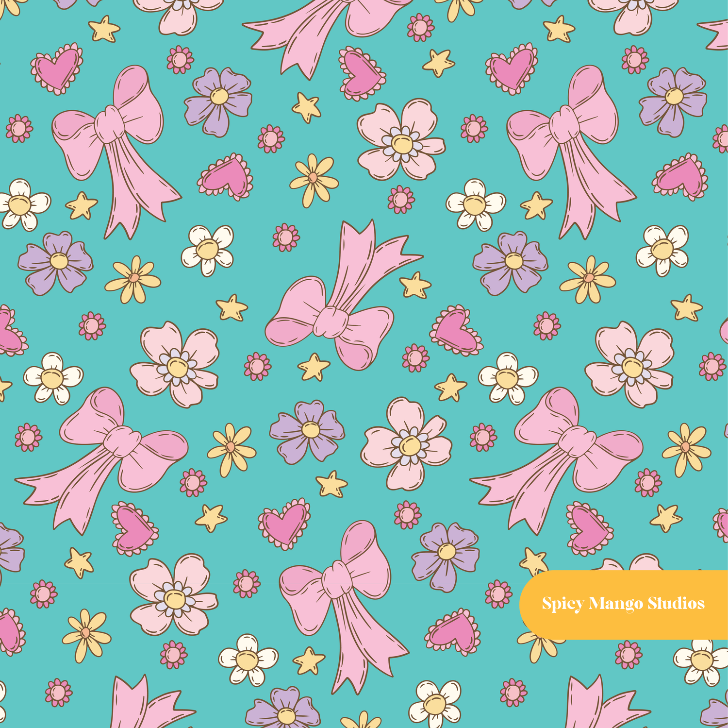 Teal Floral Bow Seamless Pattern