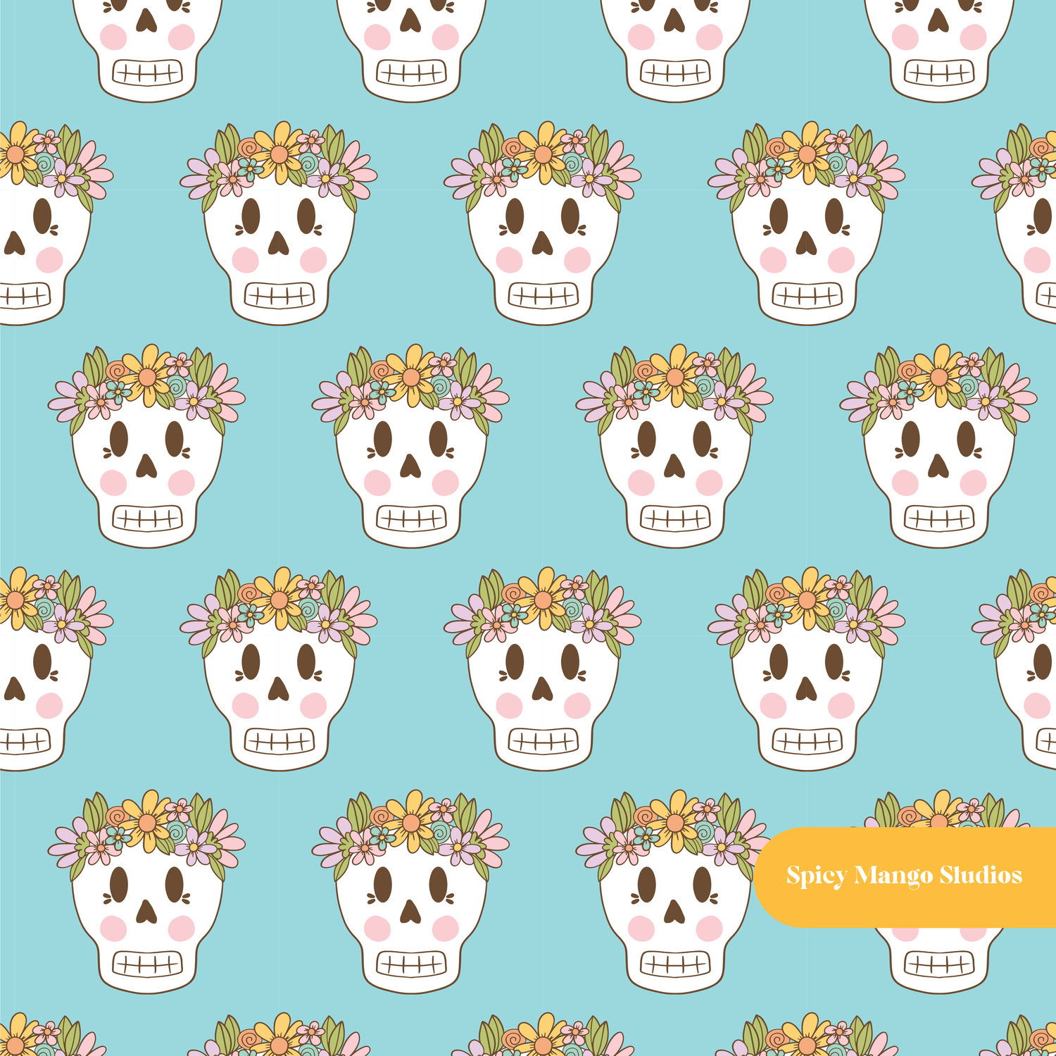 Aqua Flower Crown Skeleton Seamless Pattern