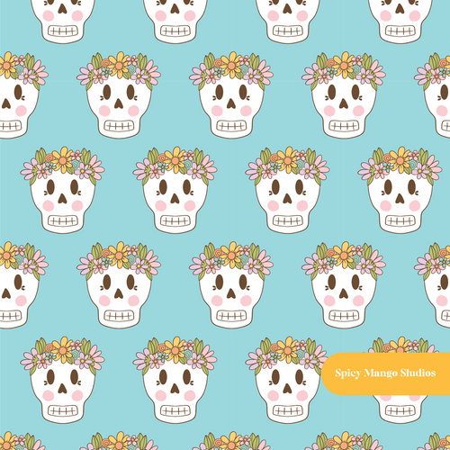 Aqua Flower Crown Skeleton Seamless Pattern