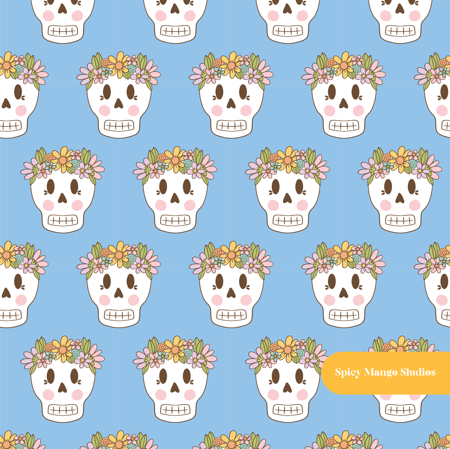 Blue Flower Crown Skeleton Seamless Pattern
