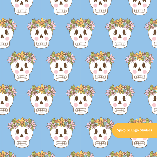 Blue Flower Crown Skeleton Seamless Pattern