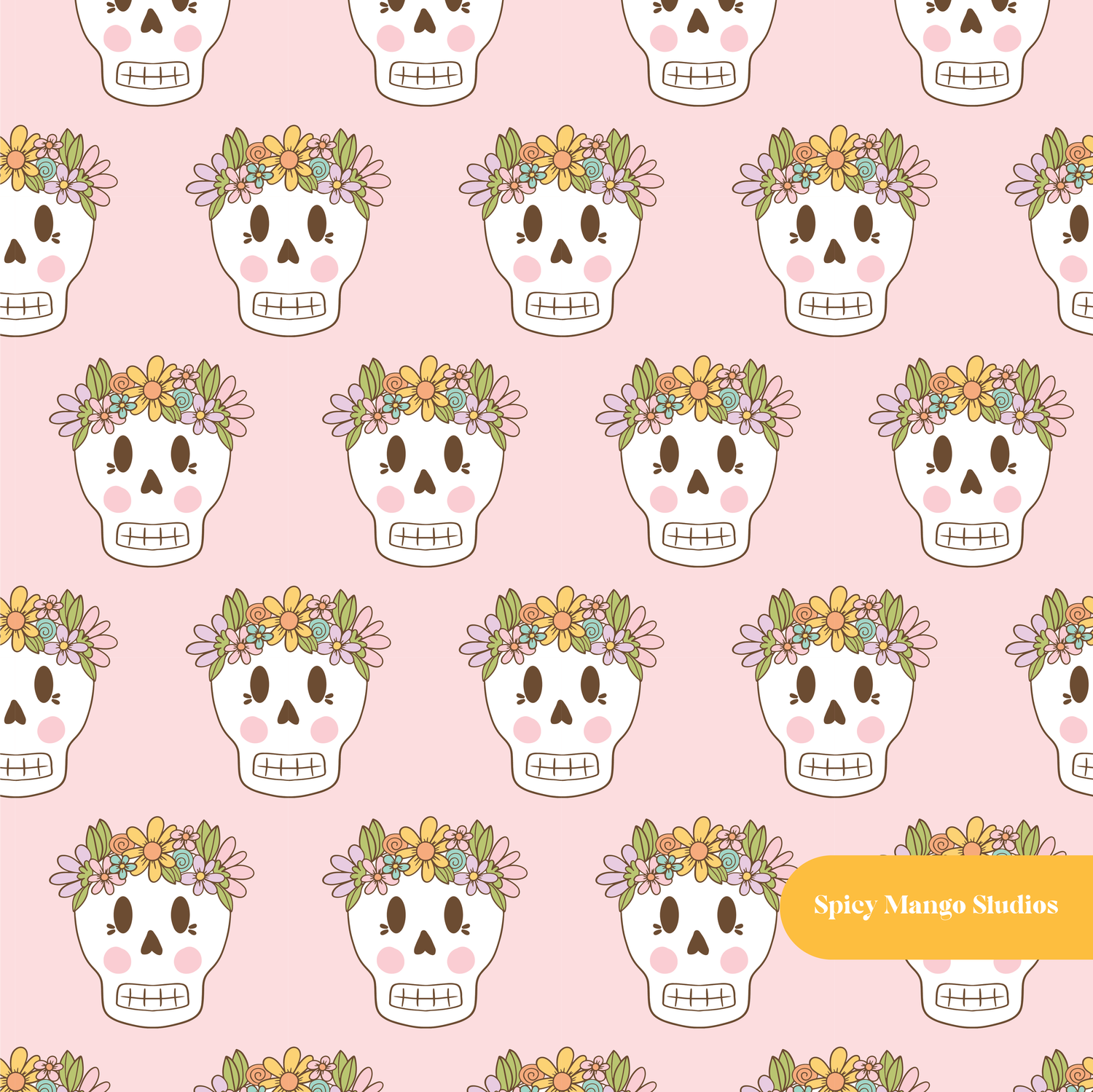 Pink Flower Crown Skeleton Seamless Pattern